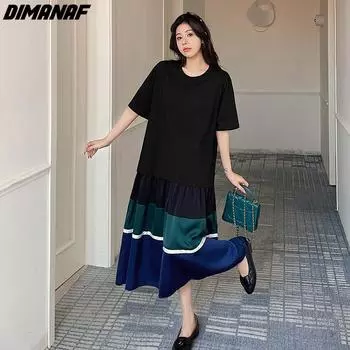 DIMANAF Летнее платье-рубашка размера плюс, женское хлопковое плиссированное платье с круглым вырезом, пляжное повседневное свободное свободное платье с коротким рукавом, черное
