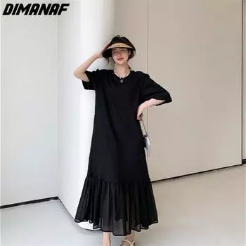 DIMANAF Летнее платье-рубашка Женское свободное платье Шифоновое пляжное однотонное повседневное винтажное женское платье с круглым вырезом и рукавами-фонариками XL чёрный