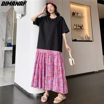 Dimanaf Летнее пляжное платье больших размеров для женщин, длинное шифоновое платье, повседневное свободное модное цветочное шифоновое платье XL чёрный