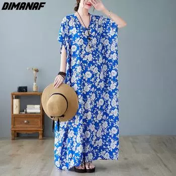 DIMANAF летнее стильное женское платье сарафан модное льняное свободное платье с v-образным вырезом синее 2022