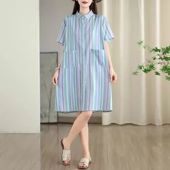 Dimanaf Летнее женское 2025 базовое платье-рубашка больших размеров повседневное с коротким рукавом на пуговицах платье свободное в полоску One Size синий