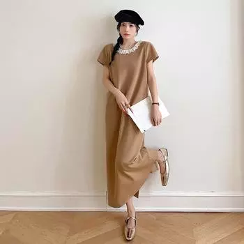 Dimanaf Летнее женское элегантное платье большого размера свободного кроя 2025 винтажное платье базовое длинное повседневное оверсайз платье-рубашка L хаки