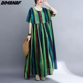 DIMANAF летнее женское длинное платье больших размеров, свободное льняное платье в полоску, элегантное модное платье большого зеленого цвета, трапециевидной формы One Size зелёный