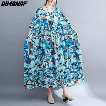 DIMANAF летнее женское длинное платье большого размера, свободное льняное элегантное винтажное платье с цветочным принтом и коротким рукавом, новое платье макси