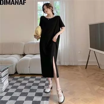 DIMANAF летнее женское платье больших размеров элегантное черное длинное платье однотонное повседневное вязаное хлопковое платье-рубашка свободная одежда