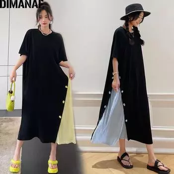 DIMANAF летнее женское платье больших размеров, хлопковое модное длинное платье-рубашка, свободное повседневное черное платье с сращиванием