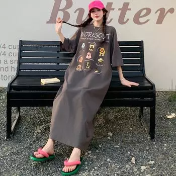 Dimanaf Летнее женское платье большого размера свободное 2025 винтажное платье базовое длинное повседневное с принтом рубашка-платье макси XL серый