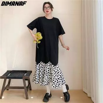 DIMANAF Летнее женское пляжное платье Сарафан с принтом Черное свободное элегантное женское длинное платье макси