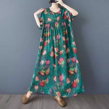 Dimanaf Летнее женское винтажное длинное платье больших размеров с коротким рукавом, повседневное, с цветочным принтом, базовое, свободного кроя One Size зелёный