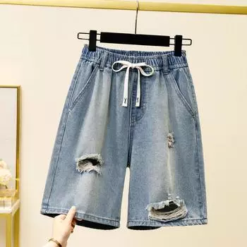 Dimanaf Летние джинсовые шорты большого размера для женщин, повседневные, свободные, с дырками, базовые брюки с высокой посадкой, эластичная талия XL синий