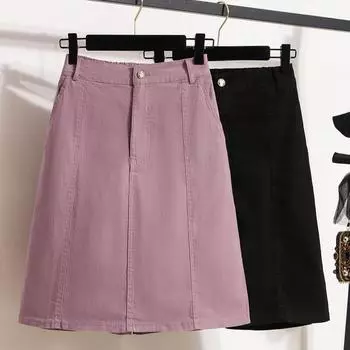 DIMANAF Летние джинсовые юбки больших размеров Женская одежда Однотонные джинсы трапециевидной формы Леди с высокой талией Повседневное шоу Тонкое стильное платье миди Элегантная юбка XL чёрный