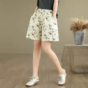 DIMANAF Летние гаремные женские джинсы больших размеров 2025 с цветочным принтом, повседневные, с высокой эластичной талией, базовые свободные брюки M бежевый