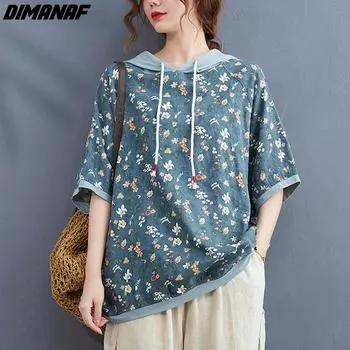 DIMANAF, летние повседневные женские льняные толстовки с короткими рукавами, винтажные тонкие топы с цветочным принтом, свободные синие футболки с цветочным принтом, 2022 L синий