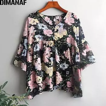 DIMANAF Летние женские блузки, рубашки, шифоновые пляжные принты с цветочным принтом, модные женские топы, туники, футболки, свободные повседневные футболки большого размера, 2022