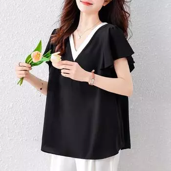 Dimanaf Летние женские футболки больших размеров 2025 года, элегантные топы с V-образным вырезом и коротким рукавом, свободная футболка M чёрный