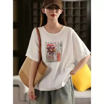 Dimanaf Летние женские футболки больших размеров 2025, топы с коротким рукавом, футболки свободного кроя с принтом, льняная рубашка M белый