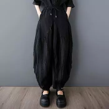 Dimanaf Летние женские повседневные широкие брюки больших размеров с высокой талией, базовые эластичные черные брюки в полоску, свободные винтажные шаровары One Size чёрный