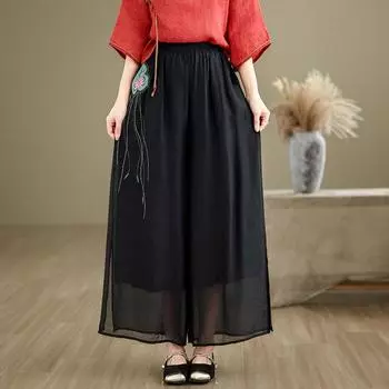 Dimanaf Летние женские винтажные брюки больших размеров с высокой талией, базовые эластичные брюки, свободные повседневные тонкие широкие брюки M чёрный