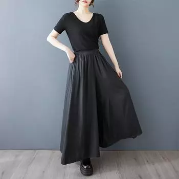 Dimanaf Летние женские винтажные широкие брюки больших размеров с высокой талией, базовые эластичные брюки, свободные повседневные брюки, черные брюки One Size чёрный