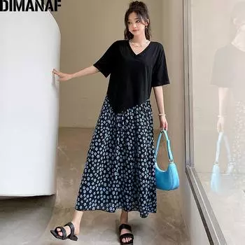 DIMANAF Летний пляж Плюс Размер Мода Женщины Элегантная леди Длинное платье Цветочный принт Свободный черный хлопок Шифон Одежда