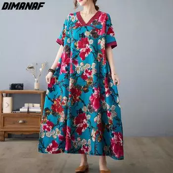 DIMANAF летний пляжный сарафан больших размеров с v-образным вырезом, длинное льняное платье, элегантный красный цветочный принт, женская одежда больших размеров