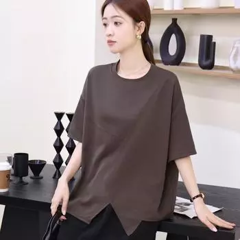 Dimanaf Летняя футболка больших размеров 2025 года однотонная женская с коротким рукавом на длинных пуговицах свободные топы футболки One Size