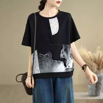 Dimanaf Летняя футболка больших размеров 2025 для женщин, с коротким рукавом, круглым вырезом, кружевными вставками, короткая, свободного кроя L чёрный