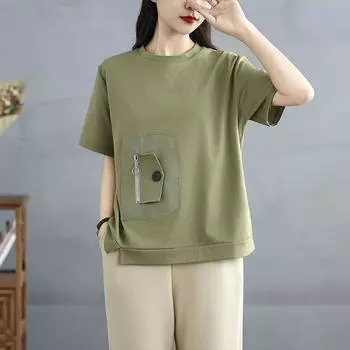 Dimanaf Летняя футболка больших размеров 2025 для женщин, с коротким рукавом, круглым вырезом, хлопковая, короткая, свободного кроя, топы, футболки L зелёный