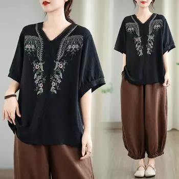 Dimanaf Летняя футболка больших размеров 2025 с цветочным принтом, женская, с коротким рукавом, V-образным вырезом, короткий свободный топ, футболка One Size чёрный