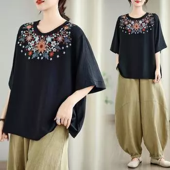 Dimanaf Летняя футболка больших размеров 2025 винтажная женская с коротким рукавом, цветочным принтом, короткая, свободная, топы, футболки One Size чёрный