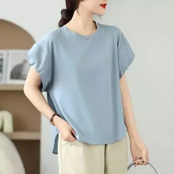 Dimanaf Летняя футболка больших размеров 2025 винтажная женская с коротким рукавом однотонная короткая свободная элегантная топы футболки One Size синий