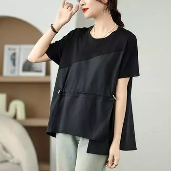 Dimanaf Летняя футболка больших размеров 2025 года, винтажная женская футболка с коротким рукавом, асимметричная однотонная короткая свободная футболка One Size чёрный