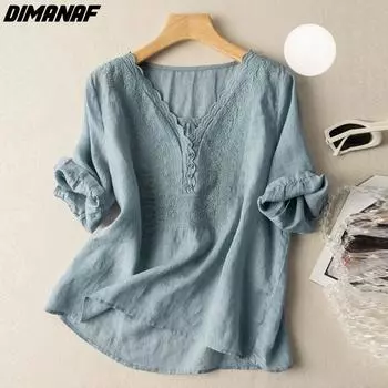 DIMANAF летняя футболка больших размеров модная женская элегантная блузка рубашка топы свободная летняя стильная одежда с v-образным вырезом кружево