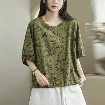 Dimanaf Летняя короткая футболка 2025 для женщин, с принтом медведя, с коротким рукавом, свободная, зеленая, топы, футболки One Size зелёный