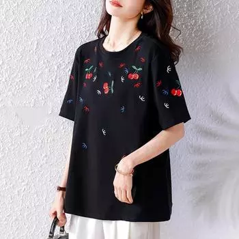Dimanaf Летняя мода 2025 Принт Базовые Женские Футболки Большого Размера Топы с Коротким Рукавом Футболки Свободная Рубашка M чёрный