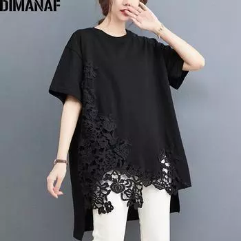 DIMANAF летняя женская футболка больших размеров, хлопковая кружевная футболка, модные женские топы, футболка-туника, свободная повседневная черная одежда оверсайз L чёрный
