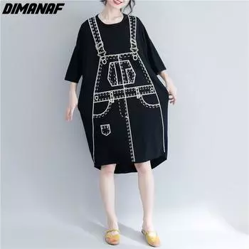 DIMANAF/летняя женская футболка, хлопковая футболка, модные топы с коротким рукавом в стиле пэчворк, футболки с принтом, туника, рубашка, свободная Повседневная one size чёрный