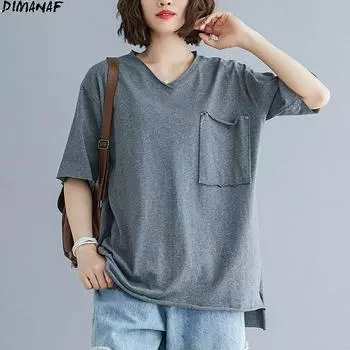 DIMANAF летняя женская футболка, хлопковая футболка, модные однотонные винтажные топы, футболки, домашняя одежда, рубашка, свободная повседневная рубашка большого размера
