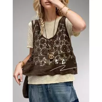DIMANAF Летняя женская футболка Кружевная футболка без рукавов Базовые модные сексуальные топы Футболки с цветочным принтом Свободные повседневные свободные футболки 15