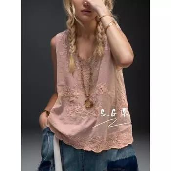 DIMANAF Летняя женская футболка Кружевная футболка без рукавов Базовые модные сексуальные топы Футболки с цветочным принтом Свободные повседневные свободные футболки