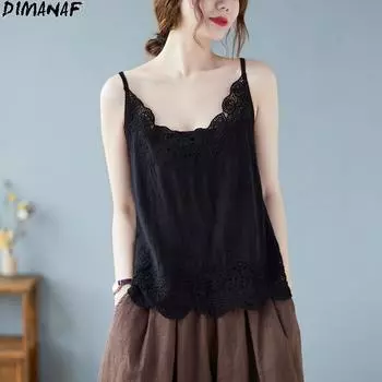 DIMANAF Летняя женская футболка Кружевная футболка без рукавов Базовые модные сексуальные топы Футболки с цветочным принтом Свободные повседневные свободные футболки 7 цветов One Size жёлтый