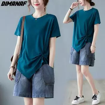 DIMANAF летняя женская футболка однотонная футболка модные лоскутные топы футболки домашняя одежда рубашка свободные повседневные корейские топы