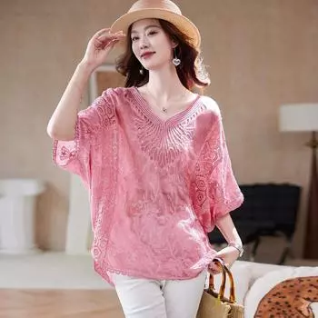 Dimanaf Летняя женская футболка с V-образным вырезом и рукавами летучая мышь, базовая кружевная, новая модная, кружевные футболки, повседневная свободная розовая футболка One Size розовый