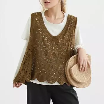 DIMANAF Летняя женская футболка Вязаная футболка без рукавов Базовый жилет с отверстиями Модные топы Футболки Повседневные свободные белые футболки One Size