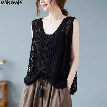 DIMANAF летняя женская футболка вязаная футболка без рукавов базовые прозрачные модные сексуальные топы с отверстиями футболки повседневные свободные белые футболки One Size чёрный