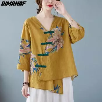 DIMANAF Летняя женская льняная футболка с цветочным принтом и v-образным вырезом, модные лоскутные топы, футболки, свободные повседневные топы и футболки