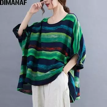 DIMANAF, лето 2021, женская футболка больших размеров, топы, свободные базовые женские футболки с винтажным принтом, блузка, хлопковая туника, одежда L зелёный