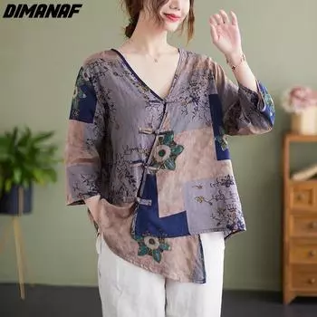 DIMANAF, лето 2022, повседневная льняная футболка с цветочным принтом, женские винтажные топы с v-образным вырезом, свободные топы, свободные топы