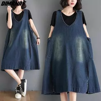 DIMANAF, лето 2022, женское джинсовое жилет больших размеров, платье без рукавов синего цвета, свободная повседневная одежда больших размеров