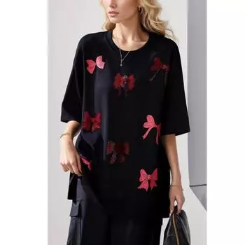 DIMANAF, лето 2024, большие размеры, китайский стиль, женская хлопковая футболка с бантом, топы, винтажные свободные базовые футболки с принтом, одежда